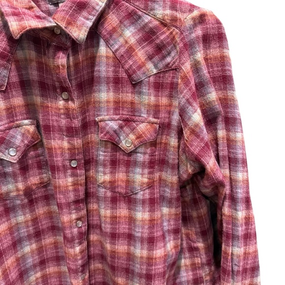 Wrangler Wrancher Shirt Pearl Snap Womens XL Maroon Plaid Long Sleeve Western - Picture 5 of 10